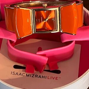Isaac Mizrahi Orange Enamel Bow Cuff Watch with Gold Accents